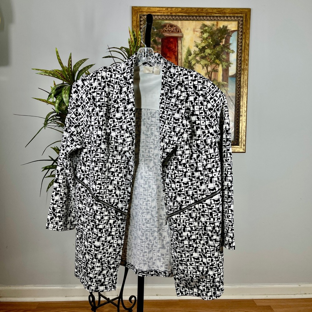 Chico's Collection Jacket Women 3 Black White Polyester Spandex Geometric Zip